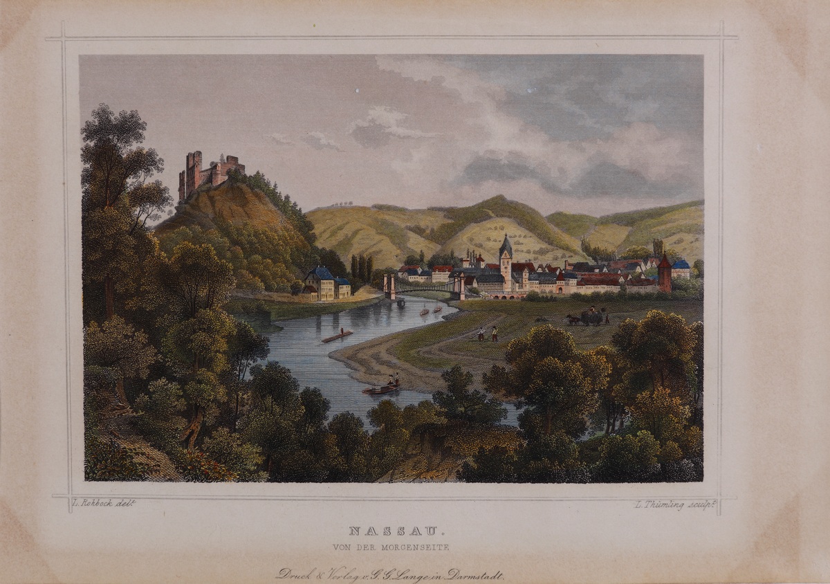 Л. Тюмлинг по оригиналу Л. Робока. Вид города Нассау. 1840–1860-е. Резец, акварель