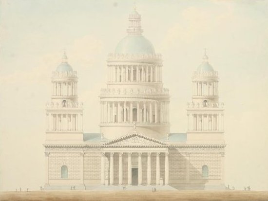 Монферран О.Р. Чертеж. Неосуществленный проект Исаакиевского собора. 1820-е гг.? Санкт-Петербург Бумага, бумага цветная (поля), тушь, акварель, перо, кисть, акварель Монферран О.Р. Чертеж. Неосуществленный проект Исаакиевского собора. 1820-е гг.? Санкт-Петербург Бумага, бумага цветная (поля), тушь, акварель, перо, кисть, акварель