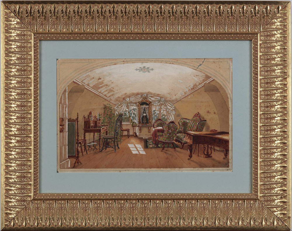 Неизвестный художник. Интерьер гостиной. 1840 - 1860-е. Бумага на картоне; карандаш, акварель, белила Неизвестный художник. Интерьер гостиной. 1840 - 1860-е. Бумага на картоне; карандаш, акварель, белила
