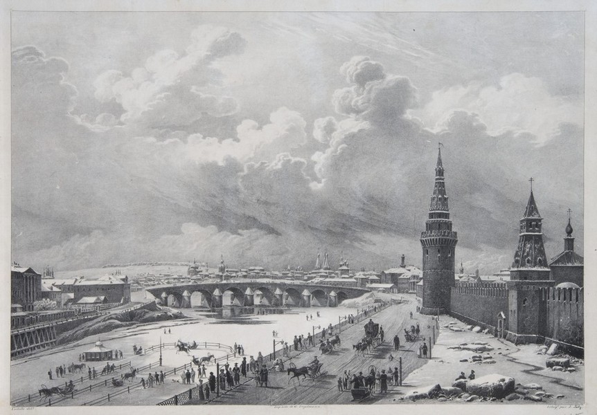 А. Жоли с оригинала О. Кадоля  Москва. Вид Каменного моста от Кремля. 1825  Литография, акварель