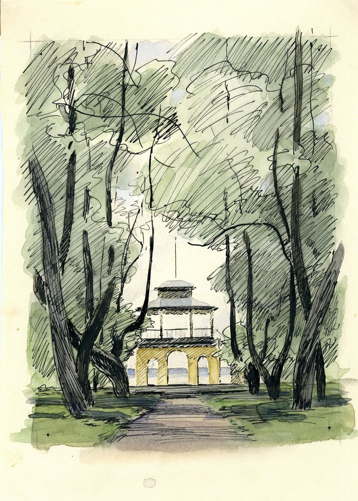 Звонцов В.М. Петровское. Беседка-грот. 1975 г. Бумага, акварель, перо, тушь Звонцов В.М. Петровское. Беседка-грот. 1975 г. Бумага, акварель, перо, тушь