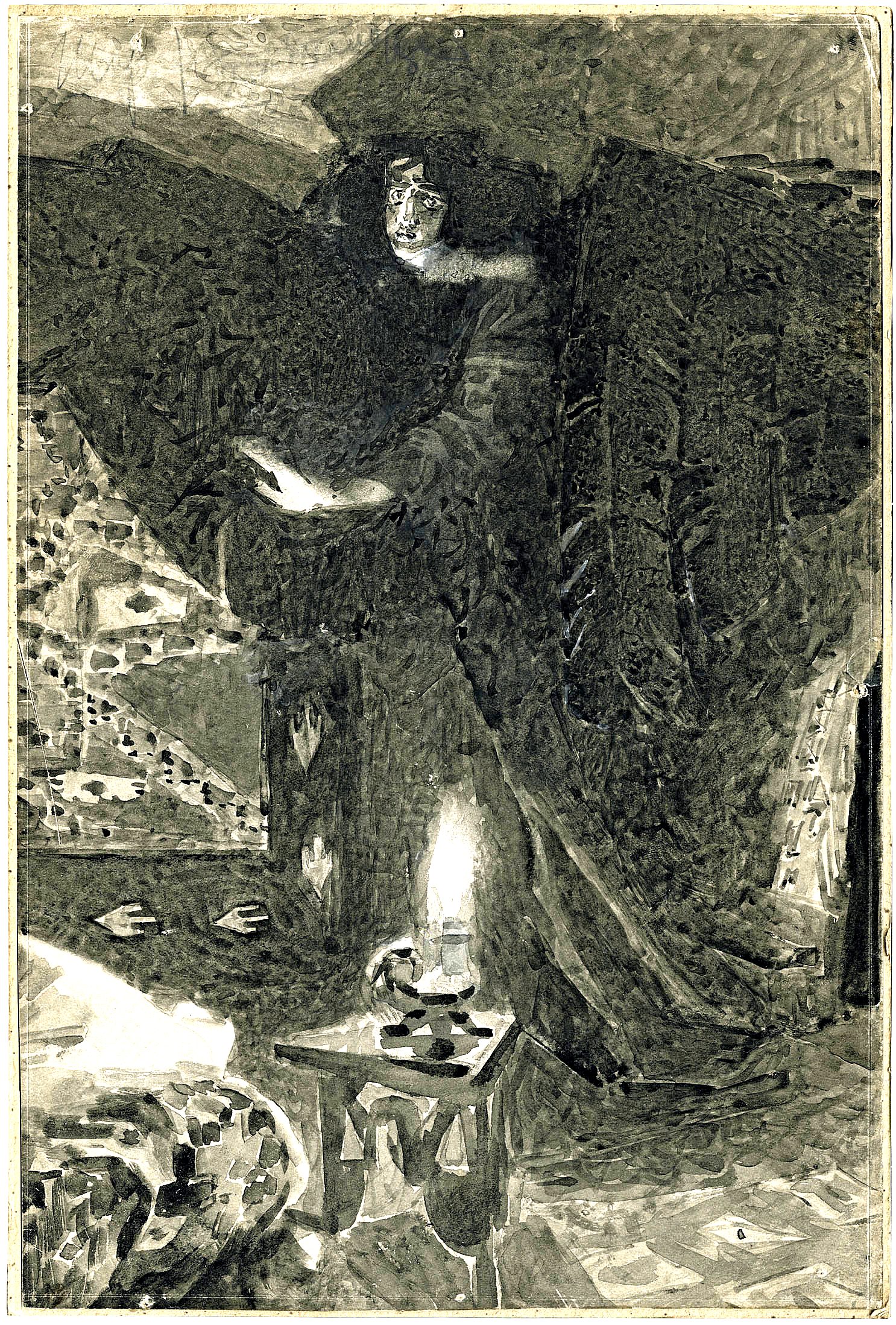 М. Врубель. Эскиз к поэме «Демон» М.Ю. Лермонтова. 1890-1900-е. Бумага, черная акварель, белила М. Врубель. Эскиз к поэме «Демон» М.Ю. Лермонтова. 1890-1900-е. Бумага, черная акварель, белила