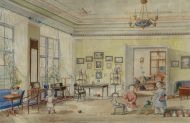 Л.Х. Петерсен. Интерьер губернаторского дома в Ревеле. 1840-е. Бумага, акварель, белила, лак Л.Х. Петерсен. Интерьер губернаторского дома в Ревеле. 1840-е. Бумага, акварель, белила, лак