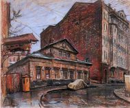 Е. Куманьков. Кривоарбатский переулок. 1963 г. Бумага, пастель. Е. Куманьков. Кривоарбатский переулок. 1963 г. Бумага, пастель.