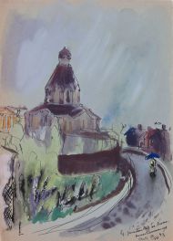 Т.А. Маврина Храм Николая Чудотворца на Ямах. 1943. Бумага, акварель, тушь, перо. 28,7 х 20,2 Т.А. Маврина Храм Николая Чудотворца на Ямах. 1943. Бумага, акварель, тушь, перо. 28,7 х 20,2