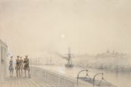 Айвазовский И.К. (1817 – 1900). Император Николай I и великий князь Константин Николаевич на борту корабля у берегов Одессы (Николаева). Из серии эскизов, исполненных во время маневров на Черном море. 1845 (1846). Бумага тонированная, карандаш, акварель, белила