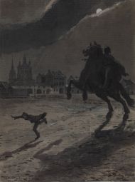 Художник: Бенуа А.Н. (1870-1960). Илл. к поэме А.С. Пушкина "Медный всадник". Сцена погони. 1906-1916. Бумага, акварель, белила